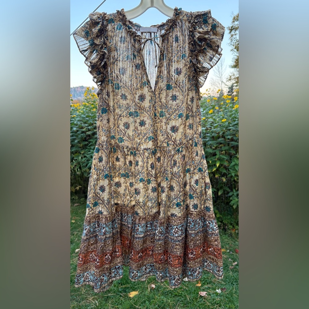 Ulla Johnson Beige Floral Tiered Ruffle Dress with Teal Accents